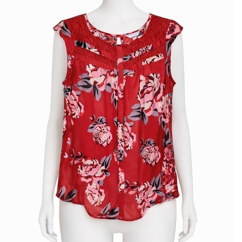 Candies Red Floral Lace Yoke Sleeveless Top Whimsygoth Cottagecore-Size Medium